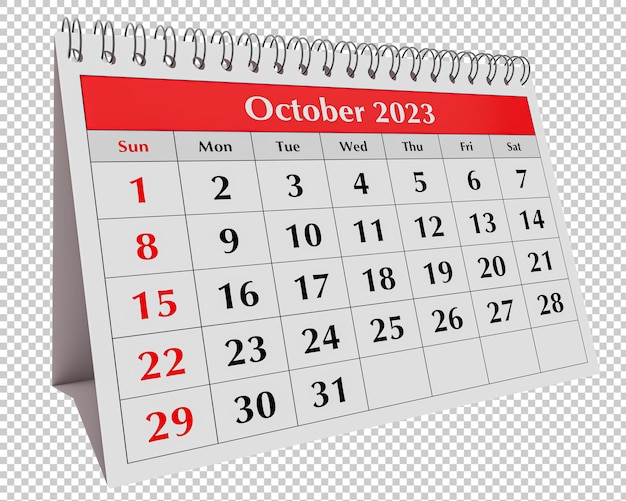Seite des jährlichen Geschäftsschreibtisch-Monatskalenders isoliert Datum Monat Oktober 2023 PSD transparent