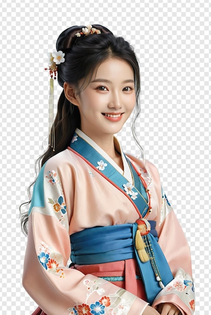 Seitliche sicht auf eine schöne lächelnde koreanische frau, die einen hanbok trägt, isoliert auf einem transparenten hintergrund