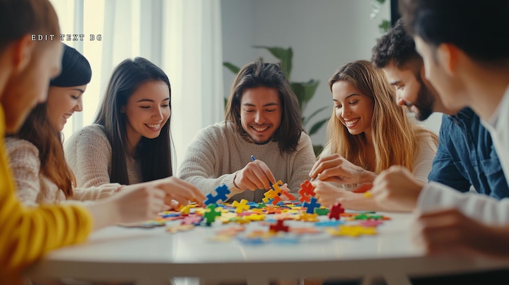 PSD sekelompok teman yang beragam dan bahagia berkolaborasi dalam puzzle warna-warni bersama di rumah