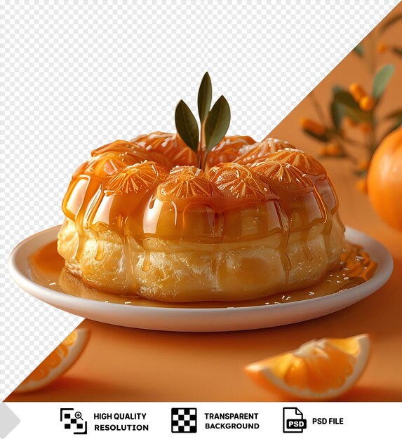 PSD une sélection de délicieuses pâtisseries ouzbèques servies sur une assiette blanche ornée d'oranges et de feuilles vertes placées sur une table orange png