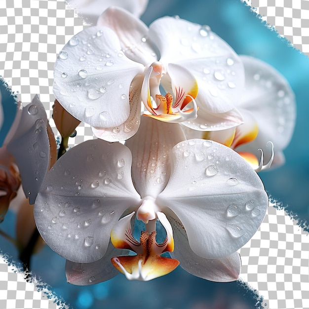 PSD selektiver fokus auf atemberaubende weiße orchideenblüten mit transparentem hintergrund aus wassertropfen