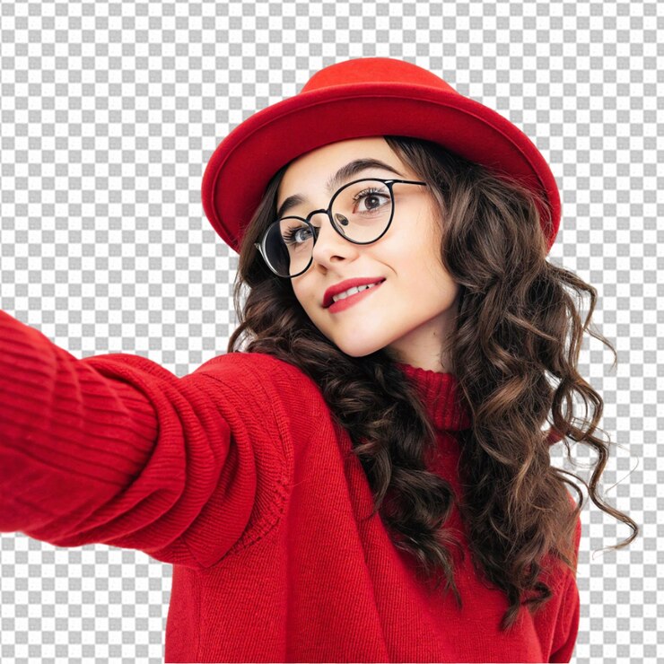 PSD selfie de una joven europea con el cabello oscuro ondulado