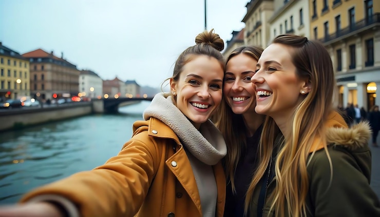 PSD selfie y mujeres emocionadas abrazan sonríen y ríen con ropa de calle fresca en el puente juntos