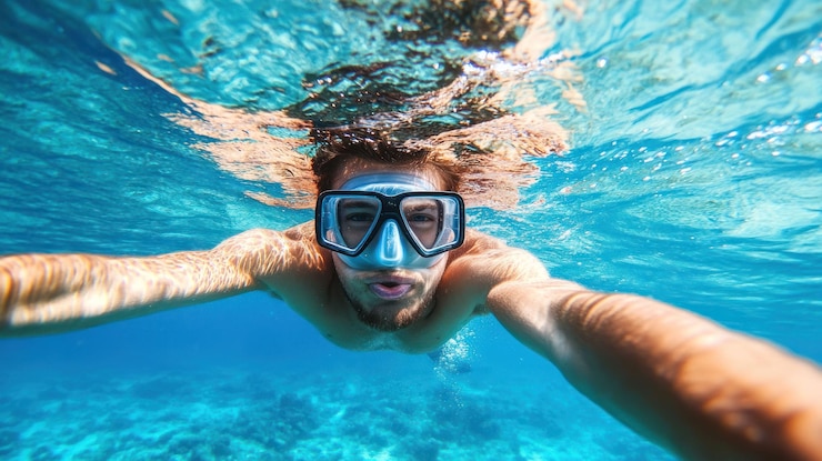 PSD selfie sous-marine d'un homme faisant du snorkeling dans l'eau turquoise claire