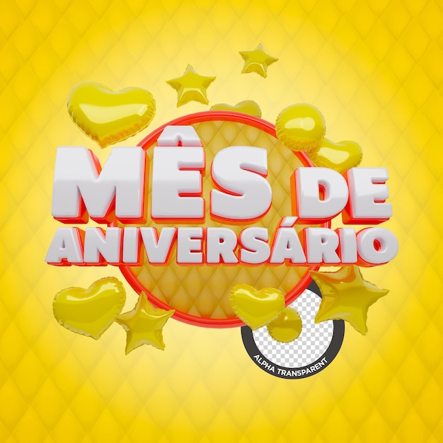 Sello 3d amarillo del mes de cumpleaños con varios globos