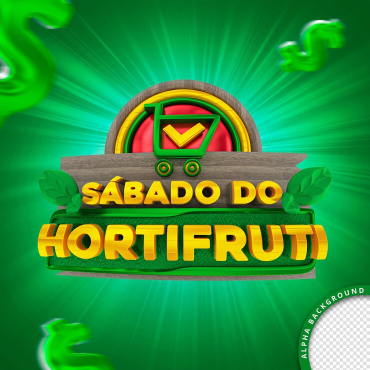 PSD sello 3d en portugués para composición sábado del supermercado hortifruti de frutas y verduras