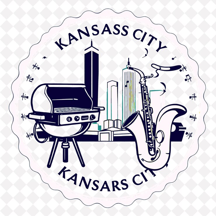 PSD sello de la ciudad de kansas con monocromo mostaza color amarillo parrilla de barbacoa y decoraciones de saxofón gru
