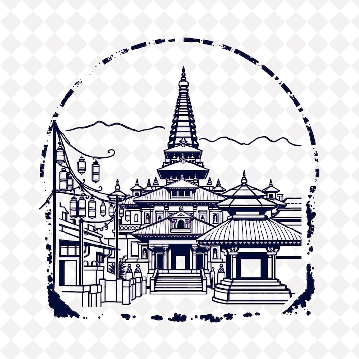 PSD sello de la ciudad de katmandú con monocromo cielo azul color templo de pashupatinath y ruedas de oración decorati