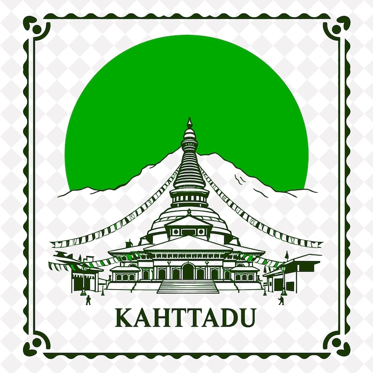 PSD sello de la ciudad de katmandú con monocromo color marrón estupa de boudhanath y decoraciones de banderas de oración vin