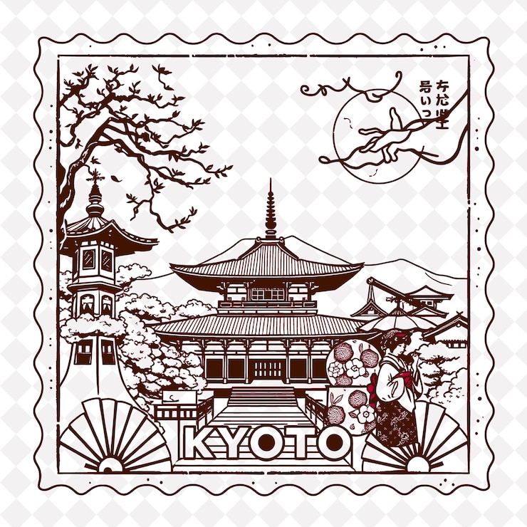 PSD sello de la ciudad de kioto con color monocromático sepia templo de kinkaku ji y decoraciones de geishas