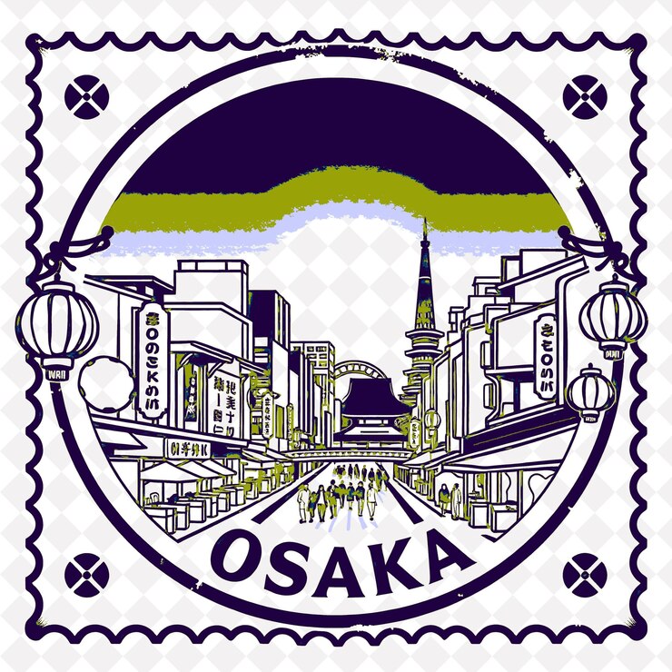 PSD sello de la ciudad de osaka con monocromático azul marino color dotonbori y decoraciones takoyaki sello vintage e