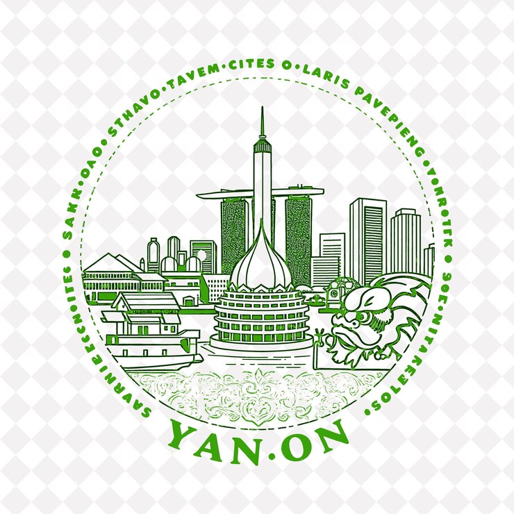 PSD sello de la ciudad de yangon con decoraciones monocromáticas de color ocre marina bay sands y lion dance