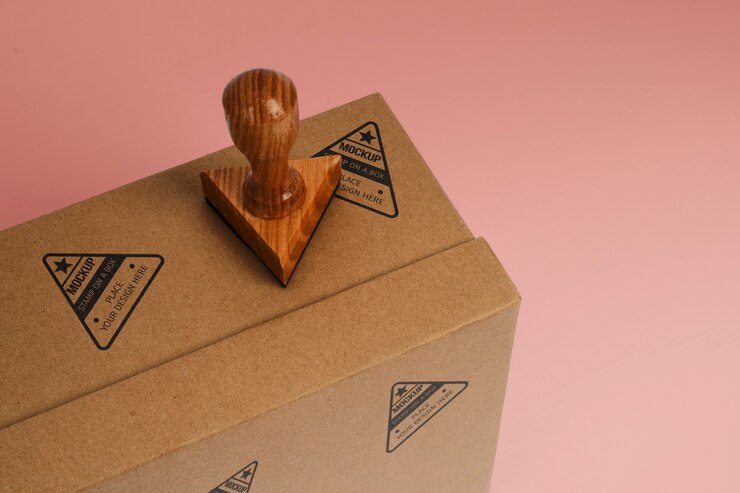 PSD sello en un diseño de maqueta de caja.