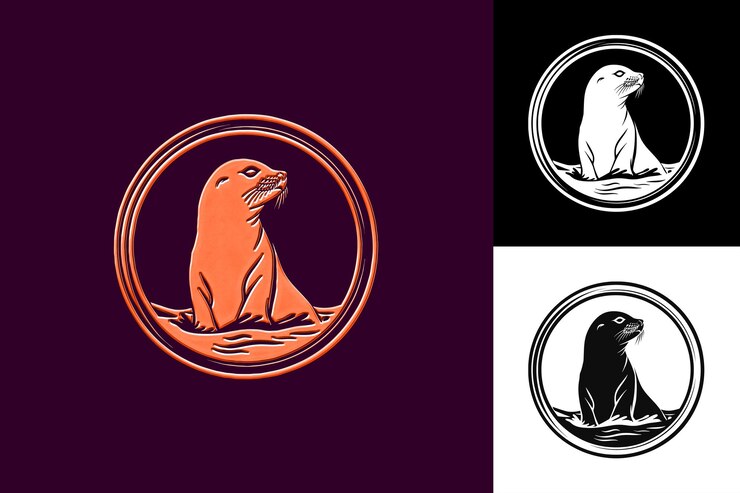 PSD sello icono emblema acuoso con borde costero sello suave con ilustración diseño artístico vectorial de animales