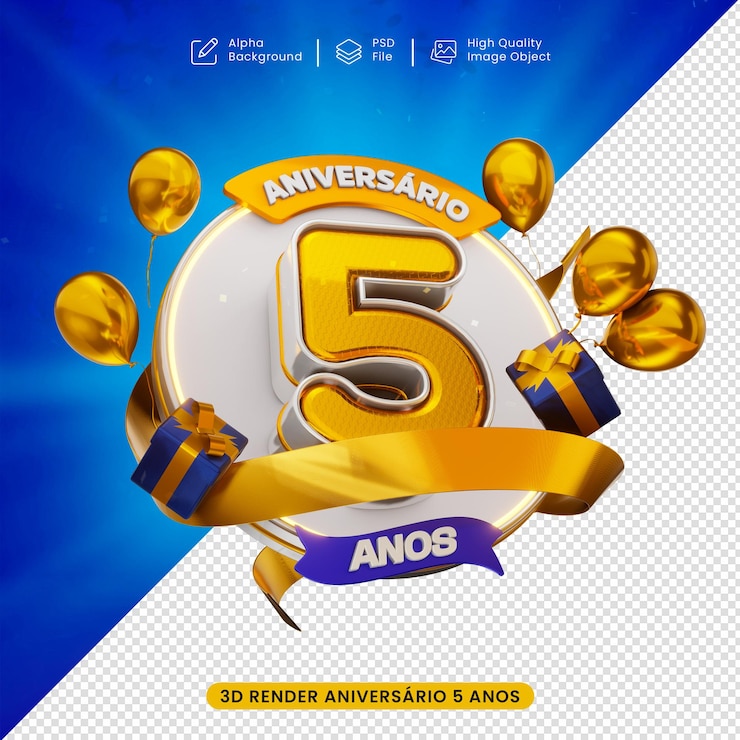 PSD selo 3d aniversário de 5 anos