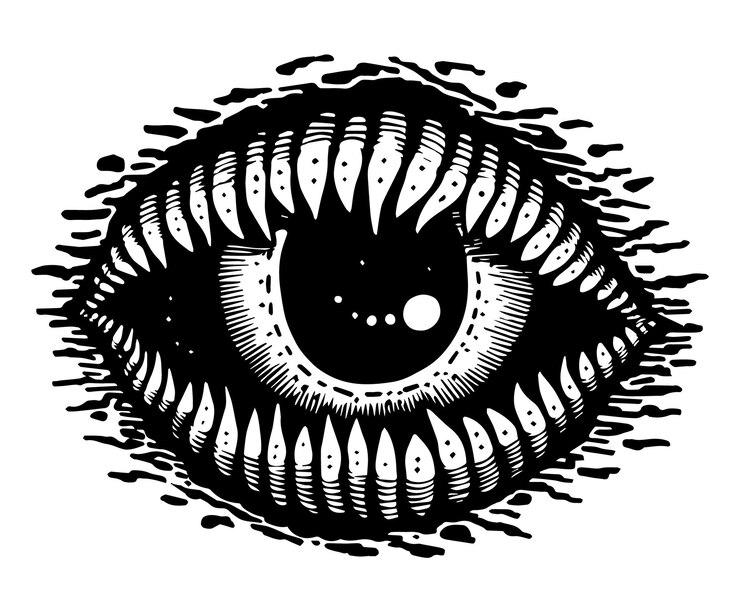 PSD selo de tatuagem de estilo macabro com presas de olhos dentuços