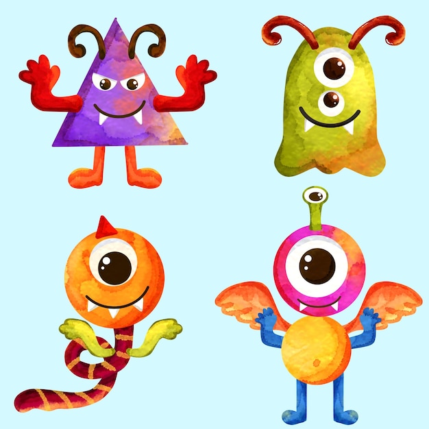 Seltsame, lustige und farbenfrohe Aquarell-Monster-Illustrationen