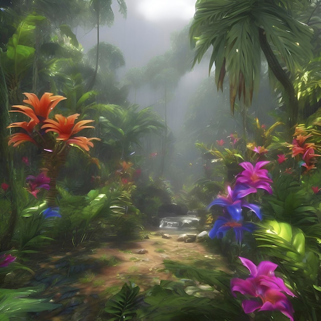 PSD selvas tropicales con flores de colores por la mañana en estilo impresionista aigenerated