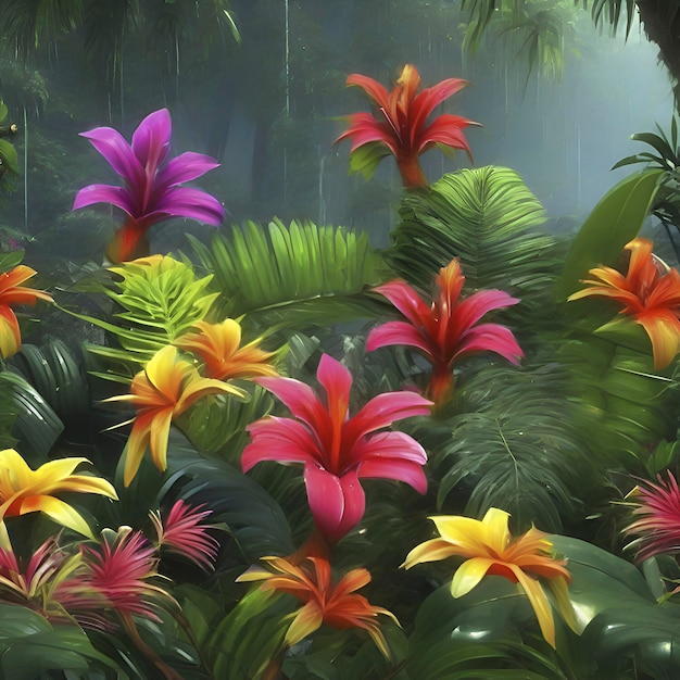 Selvas tropicales con flores de colores por la mañana en estilo impresionista aigenerated