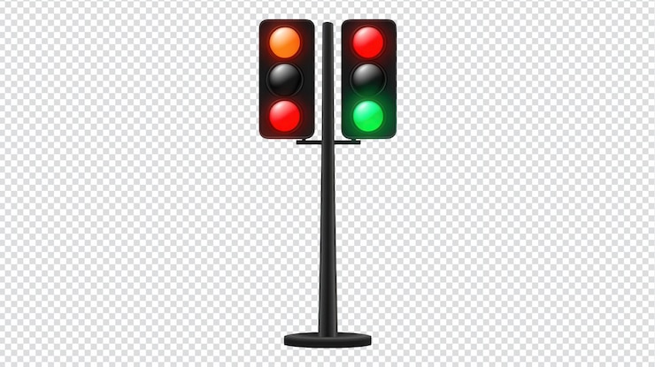 PSD semáforo con señales rojas, amarillas y verdes que indican que el vehículo se detiene y avanza en una intersección