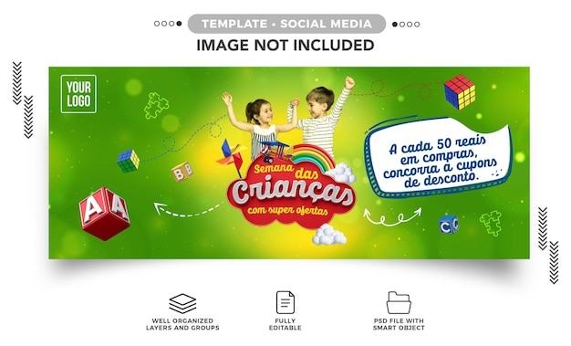 semana das crianças de banner de mídia social com cupons de desconto