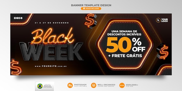 PSD semana negra de banner en representación 3d portuguesa para campaña de marketing en brasil