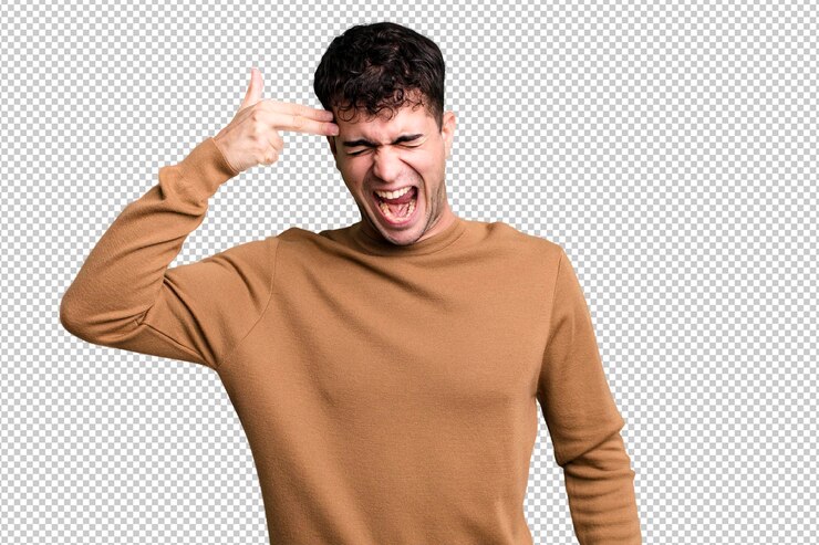 PSD sembra infelice e stressato, gesto suicida, fa il segno della pistola con la mano puntata alla testa.
