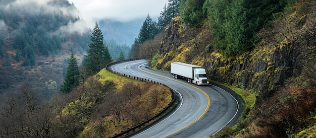 Un semi-camion blanc sur une route sinueuse de montagne