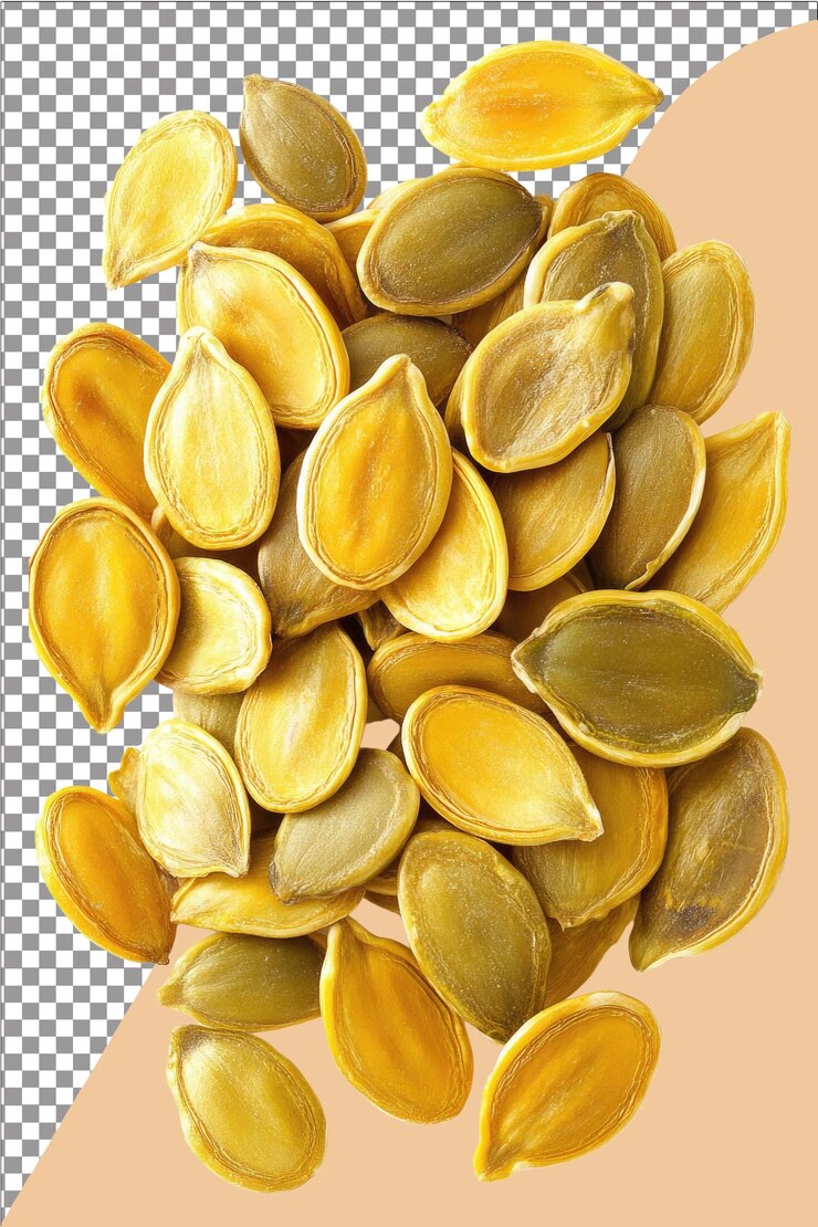 Semillas de calabaza Nueces y crujientes, excelentes para bocadillos, hiperrealistas, blancas aisladas, transparentes.