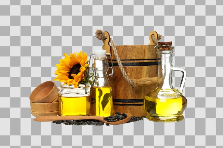 PSD semillas de girasol de png en cubo de cuchara y aceite en jags de vidrio aislados sobre fondo blanco