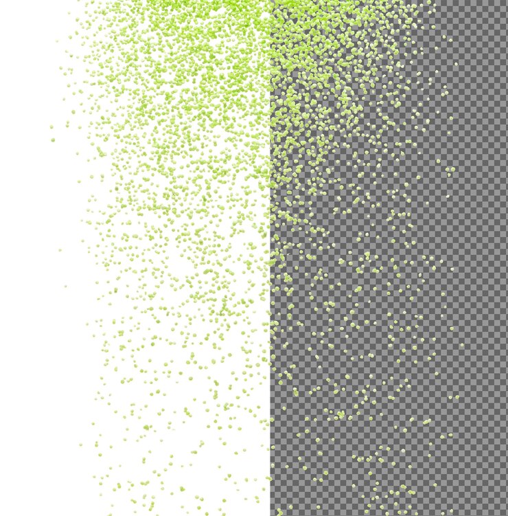 PSD semillas de sago volando explosión de grano verde onda flotante nube abstracta mosca salpicaduras en el aire color verde semillas de sago es alimento material fondo blanco aislado obturador de alta velocidad congelar stop motion