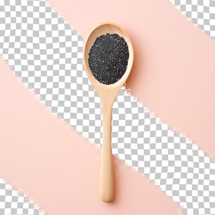 PSD semillas de sésamo negro sobre fondo transparente en cuchara de madera