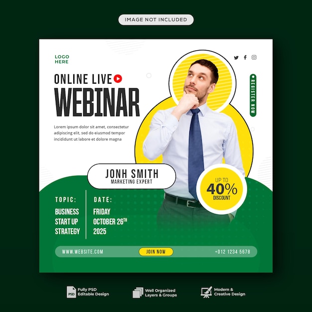 Seminário on-line ao vivo de marketing digital e modelo de postagem de mídia social empresarial