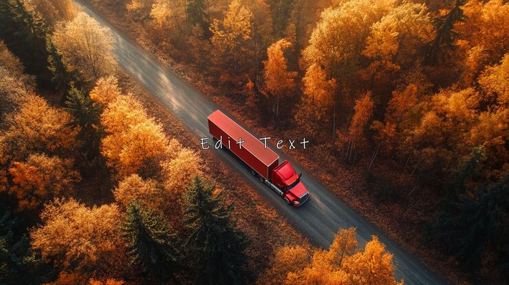 PSD semitruck rosso che guida su una strada d'autunno attraverso la foresta