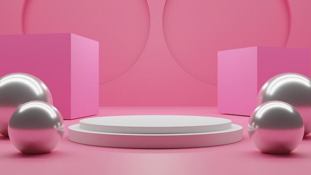 Semplice rendering 3D podio bianco vuoto con palline su sfondo rosa
