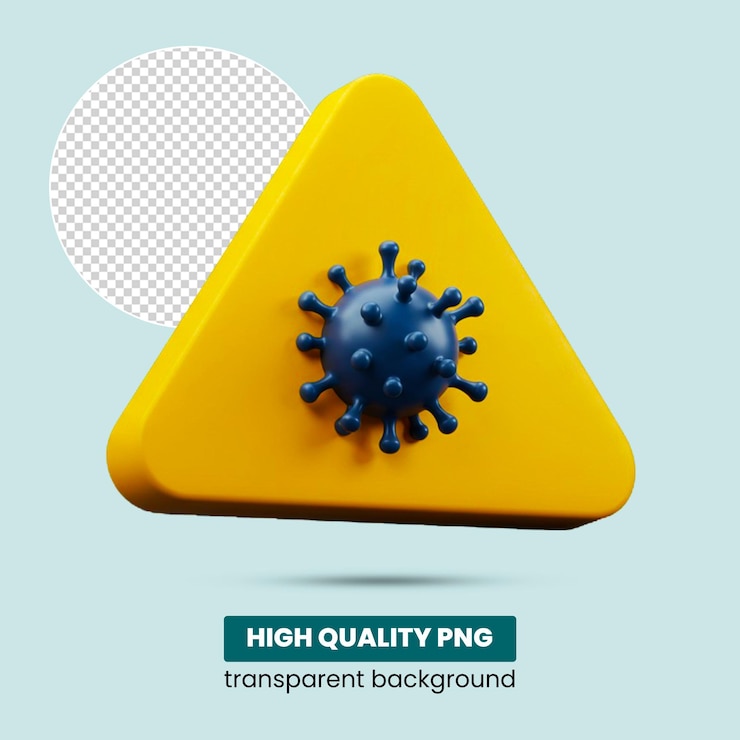 PSD señal de advertencia de virus en 3d con triángulo amarillo e icono de virus azul png de alta calidad
