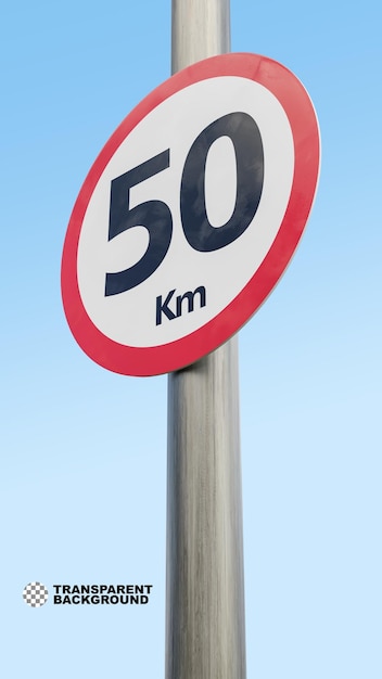 PSD señal de límite de velocidad de 50 km señal de cincuenta kilómetros renderización en 3d