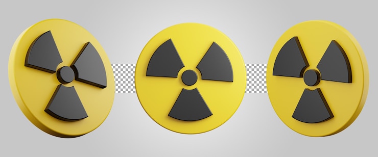 Señal de peligro de radiación. Símbolo de alerta de amenaza radiactiva. Representación 3D