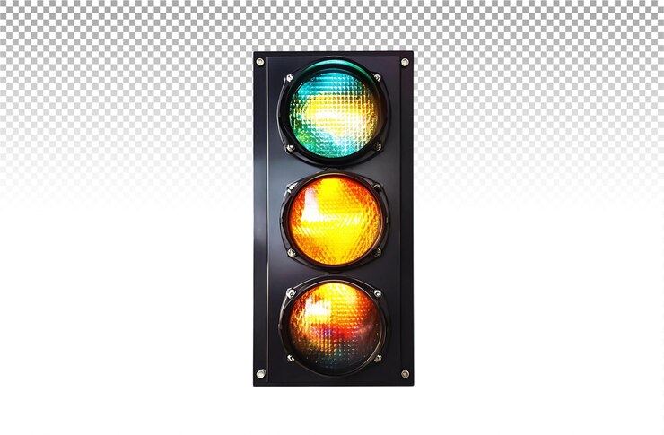 PSD señal de tráfico iluminada una composición vertical de tres dispositivos de control de tráfico de luz