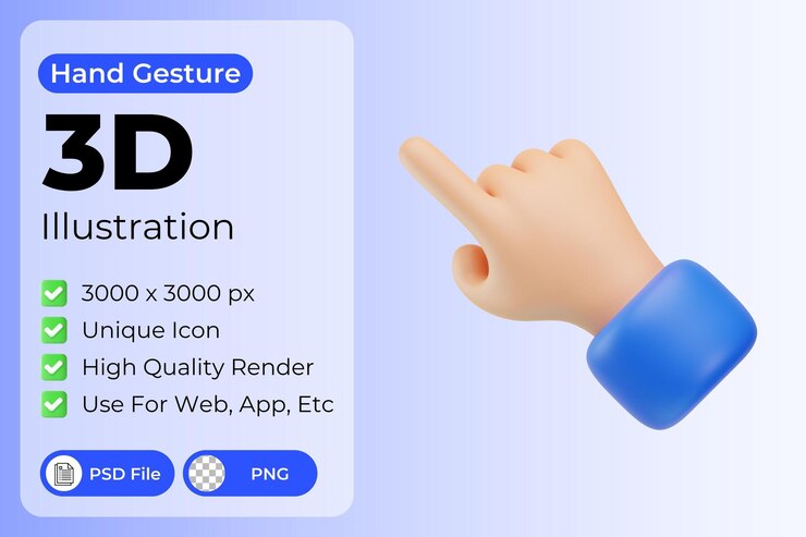 PSD señalar, mano, gesto, 3d, ilustración