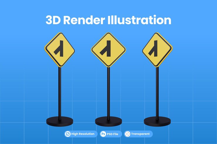 PSD señales de tráfico de renderizado 3d de la señal de advertencia de triángulo amarillo premiu de tráfico de cruce oblicuo de tres brazos