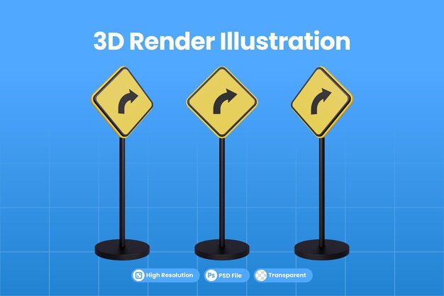 Señales de tráfico de renderizado 3d del símbolo de señal de advertencia de triángulo amarillo de tráfico de giro a la derecha psd premium