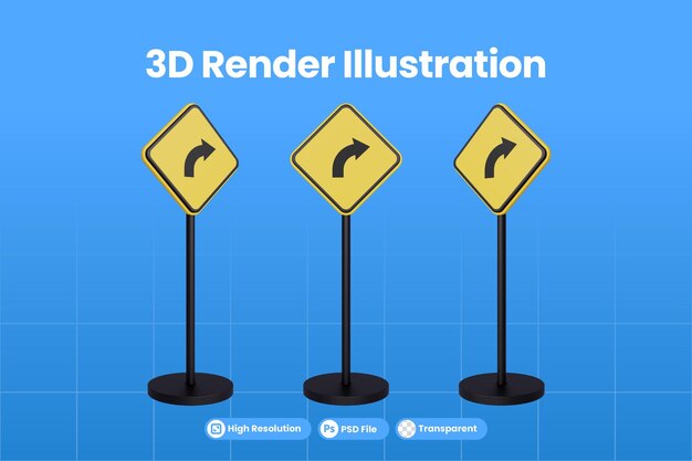 PSD señales de tráfico de renderizado 3d del símbolo de señal de advertencia de triángulo amarillo de tráfico de giro a la derecha psd premium