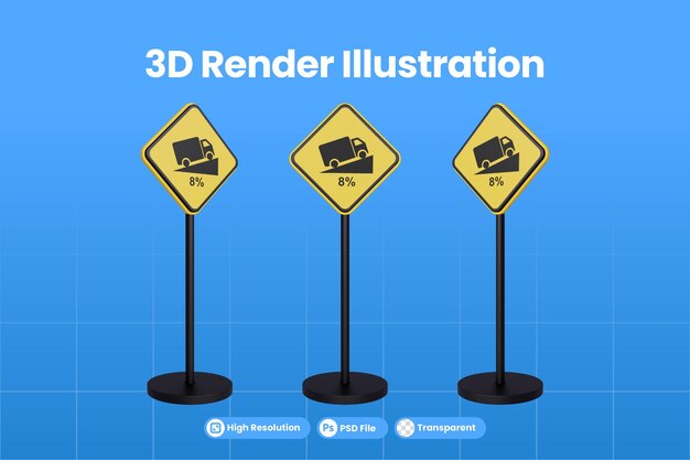 PSD señales de tráfico de representación 3d del símbolo de advertencia de triángulo amarillo de tráfico de camiones inclinado 8 por ciento