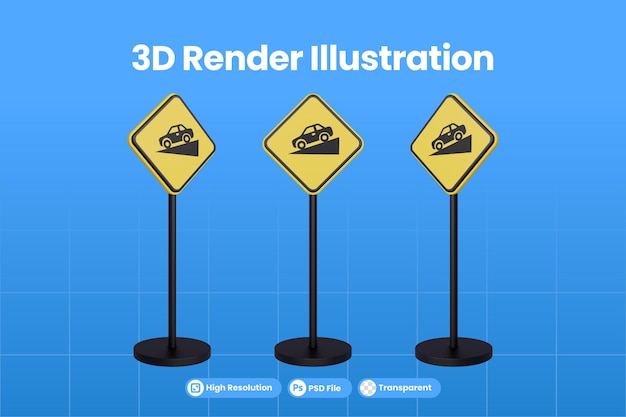 PSD señales de tráfico de representación 3d del símbolo de advertencia de triángulo amarillo del tráfico de carretera cuesta abajo del coche