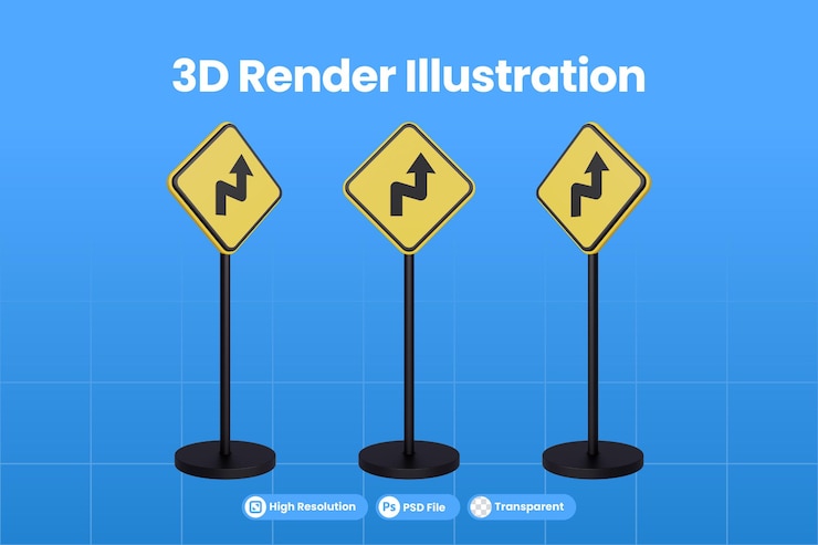 PSD señales de tráfico de representación 3d del símbolo de advertencia de triángulo amarillo de tráfico de doble curva pronunciada