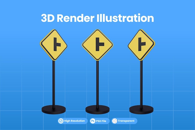 PSD señales de tráfico de representación 3d del símbolo de señal de advertencia de triángulo amarillo de tráfico de cruce de tres vías