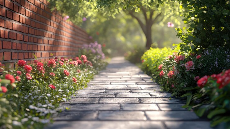 PSD el sendero del jardín iluminado por el sol un tranquilo paseo de ladrillo