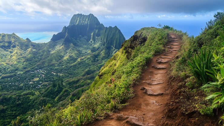 PSD un sendero de senderismo que serpentea a través de un exuberante paisaje montañoso tropical con vistas espectaculares