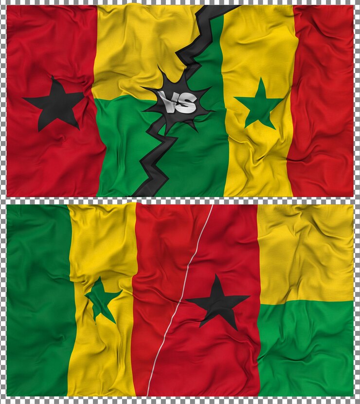 PSD senegal contra guiné-bissau meia bandeira combinada textura de tecido de bump renderização 3d